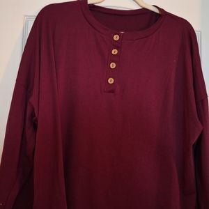 NWOT Burgundy Long Sleeve Henley Top With Buttons 2XL